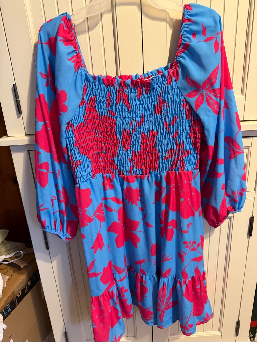 Smocked Square-Neck Floral Mini Dress - Bright Blue & Hot Pink